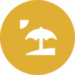 Beach umbrella icon on yellow circle background.